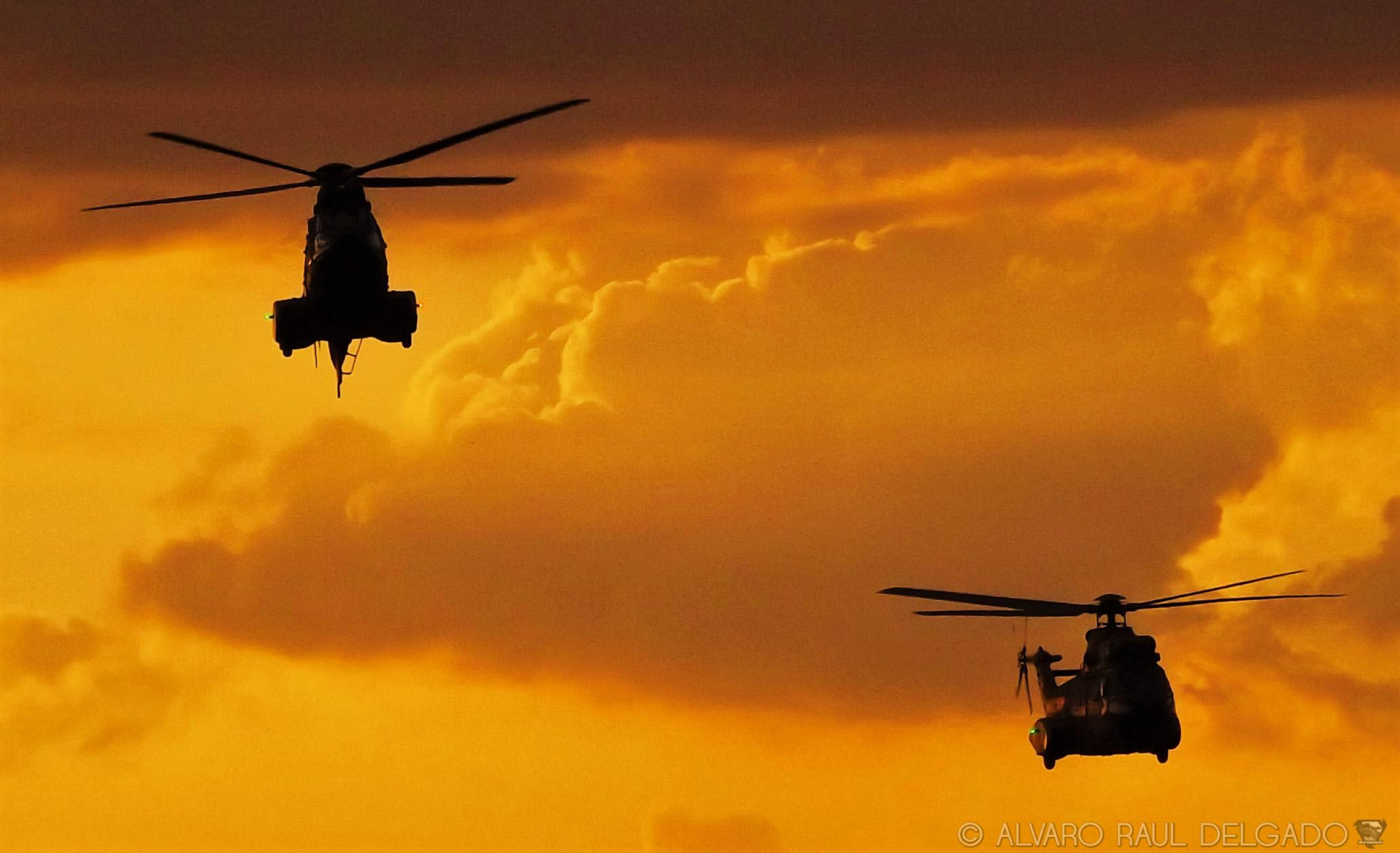 Helicópteros Cougar AS-532 al atardecer